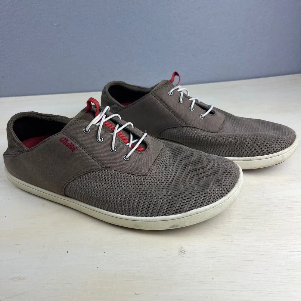 OluKai Nohea Moku Mens 10 Gray Red Boat Shoes Mesh Sneakers 10283-RK13